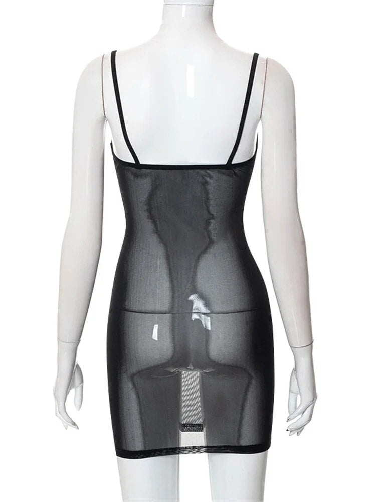 CHRONSTYLE Mesh Sheer See Through Sexy Women Dresses Black Party Clubwear Summer 2023 Sleeveless Strap V-neck Slim Dress Vestido