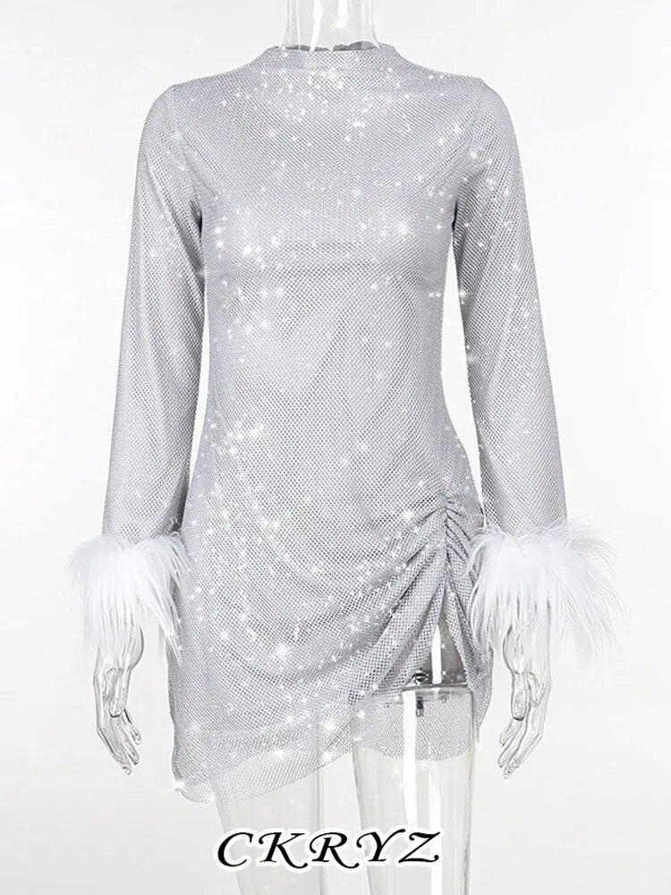Ckryz Autumn Bling Glitter Long Sleeve Side Slit Sexy Mini Dresses For Women Feather New Fashion Party Clubwear Y2K Fall Outfits