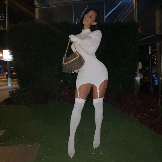 Fashion Women Bodycon Slim Mini Dress Solid-Color High-Collar Long-Sleeves Tight-Fitting Dress With Stockings for Ladies