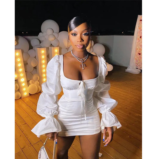 Fashion Puff Sleeve Mini Bodycon Dress Autumn Winter Solid Square Collar White Black Party Clubwear Female Dress Vestidos