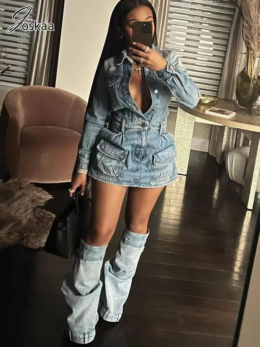 Joskaa Blue Denim 3 Piece Set Women Sexy Lapel Button Long Sleeve Mini Dress and Trousers Leg Matching Fall 2023 Streetwear